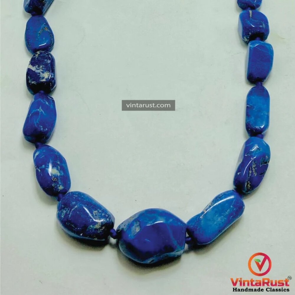 Handmade Lapis Lazuli Gemstone Necklace, Vintage Beaded Stone Necklace, - Picture 5 of 10